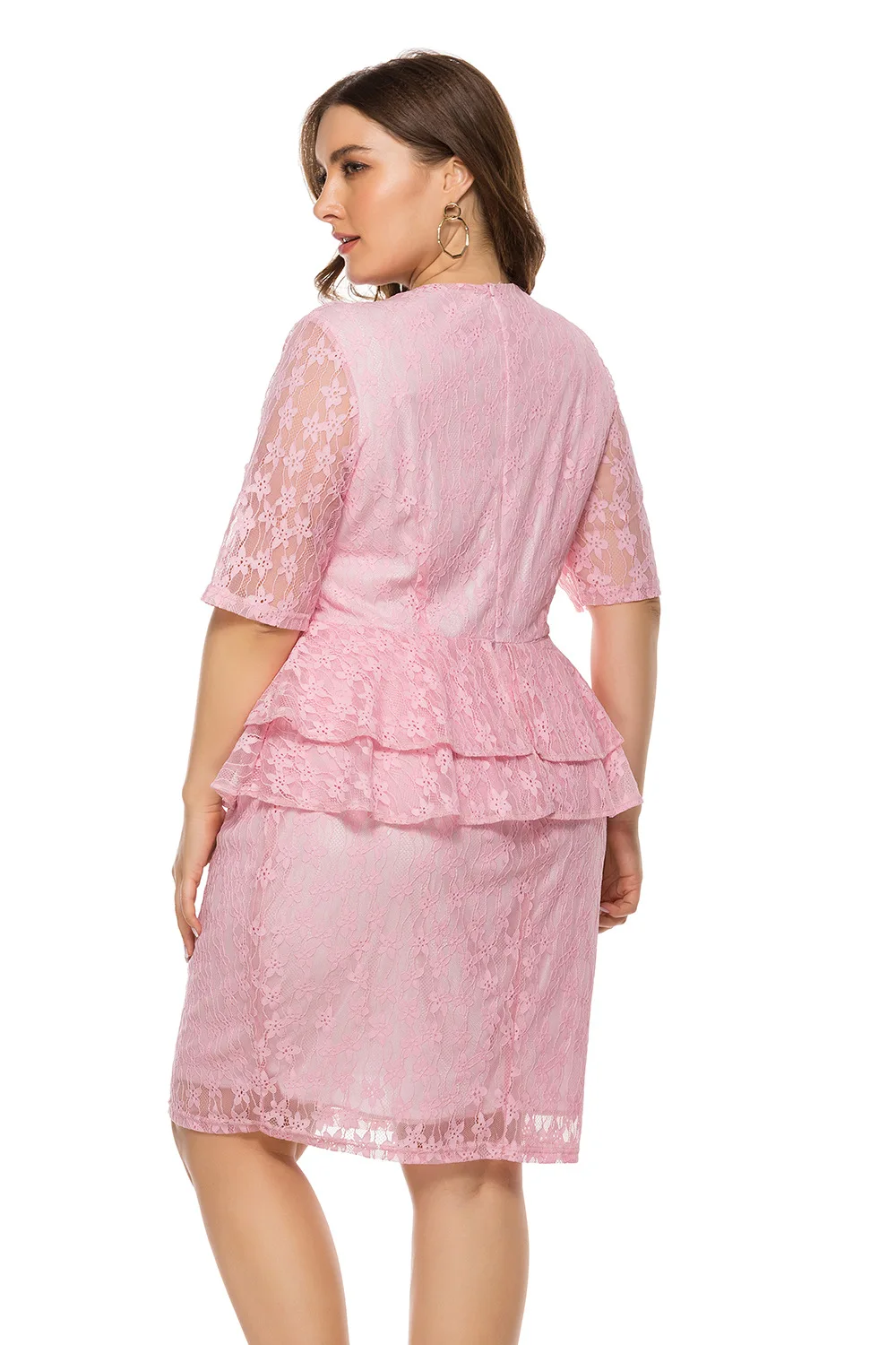 Plus Size Women Dress Sexy Lace Panel Peplum Dress Vintage Half