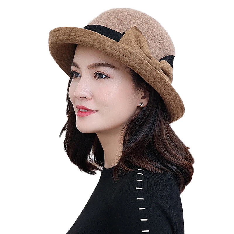 FS Fashion Gray Purple Women Wool Felt Bucket Hats Vintage Ladies Cloche Derby Bowler Cap with Bowknot Elegant Autumn Winter - Цвет: Camel