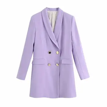 

2020 New Women Blazer Coat Elegant Lilac Long Sleeves lapel collar Double-breasted Button Long Jacket veste femme