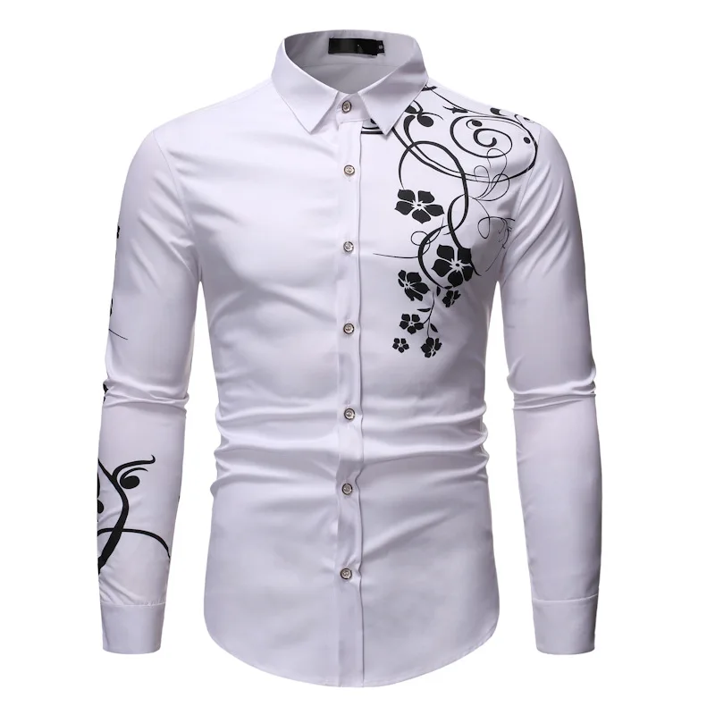 white Черная рубашка с цветочным принтом для мужчин Camisa Social Masculina, брендовая приталенная Мужская рубашка с длинным рукавом, деловые повседневные рубашки для мужчин - Цвет: white