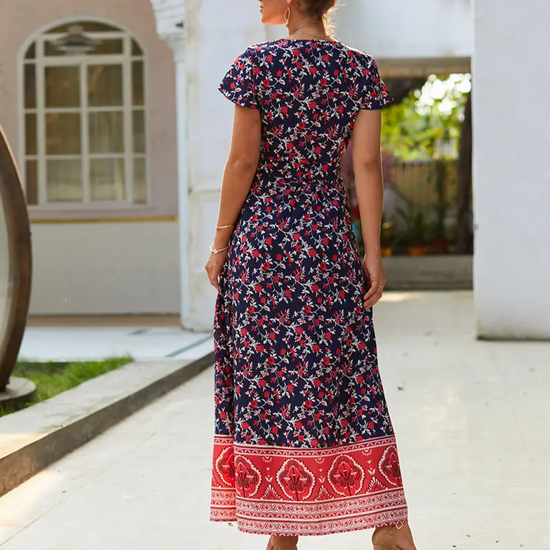 Vestido de Verão Praia com Decote em v Elegante de Manga Novo Feminino Sexy Padrão Arco Vestido Curta-q22 2021 14 High Quality Moda Feminina