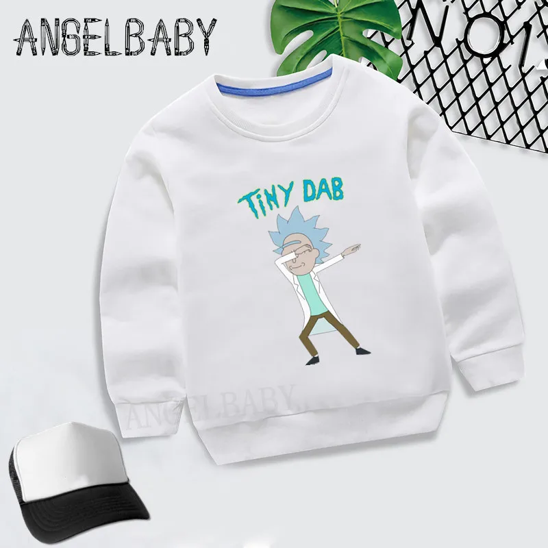 Детские худи для мальчиков и девочек с рисунками из мультфильмов «Dabbing Tiny Rick and marty», детские осенние Топы, хлопковая одежда для малышей, KYT2287