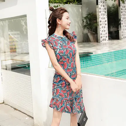 1 шт./партия, в китайском стиле для женщин, повседневный принт, оборки, cheongsam, женский модный Летний шифоновый Чонсам с воротником-стойкой - Цвет: 2