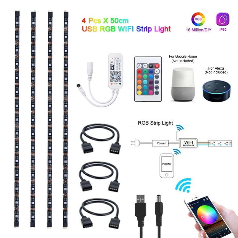 4*50cm Smart WiFi RGB LED Strip Light USB TV Back Light 5v for Alexa Google Home 