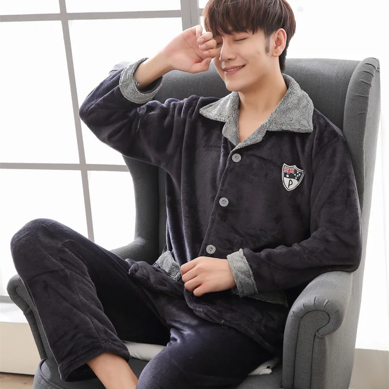 

Autumn And Winter Coral Velvet Pajamas Men Winter Long Sleeve Warm plus Velvet Flannel Homewear Set 41313