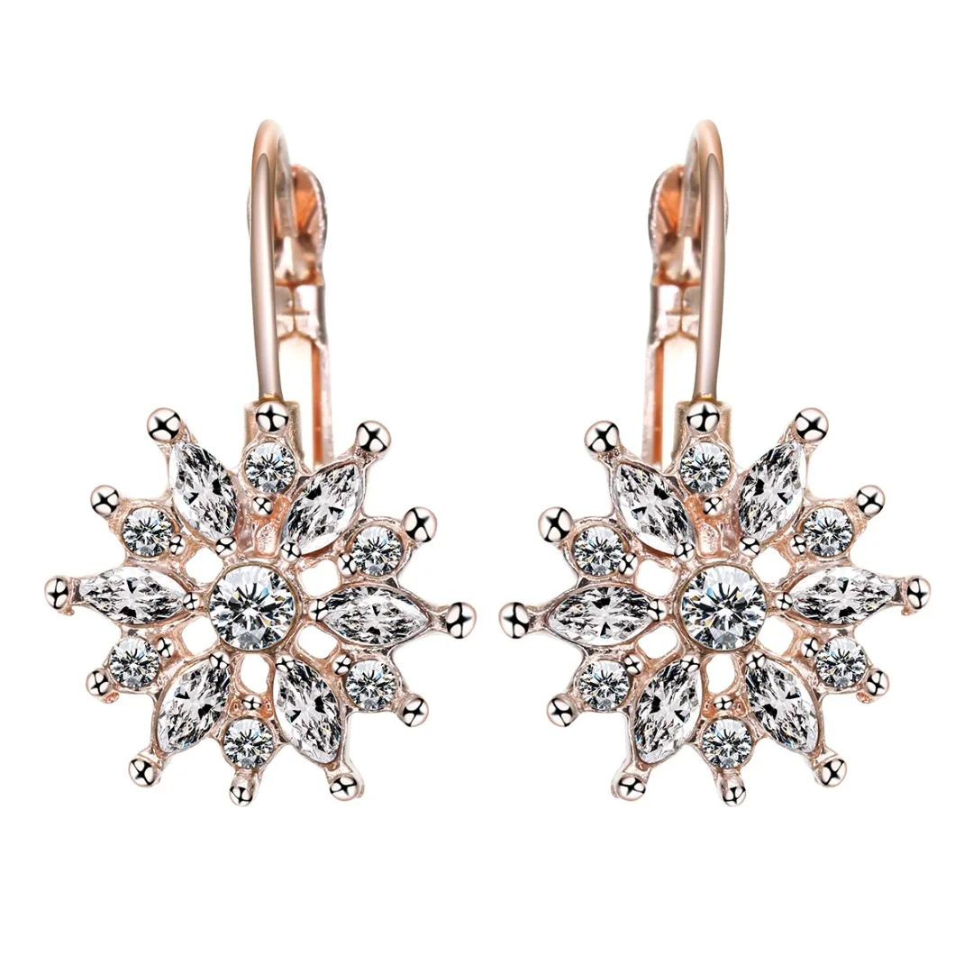 Fashion Princess Luxury Crystal Snow Flower Silver Gold Plated Hoop Earring for Women CZ Bridal Wedding Earring Jewelry Gift