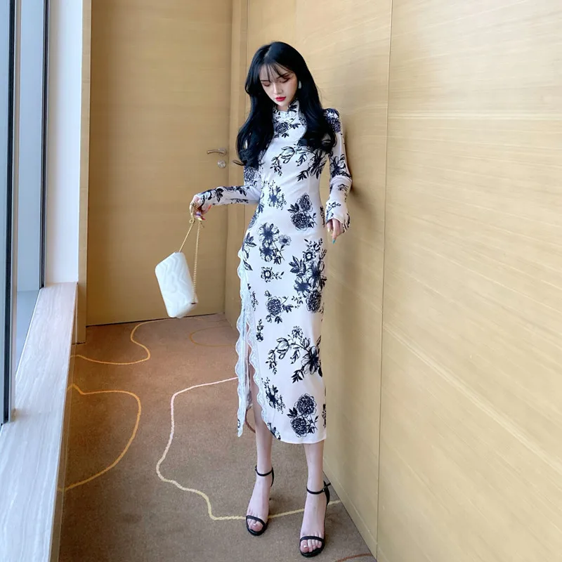 Китайское платье в винтажном китайском стиле cheongsam женское атласное qipao с цветочным принтом сексуальное вечернее платье mujer женские платья