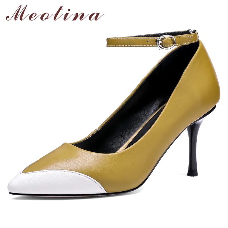 

Meotina High Heels Women Shoes Natural Genuine Leather Thin High Heel Ankle Strap Shoes Mixed Colors Buckle Pumps Ladies Size 39
