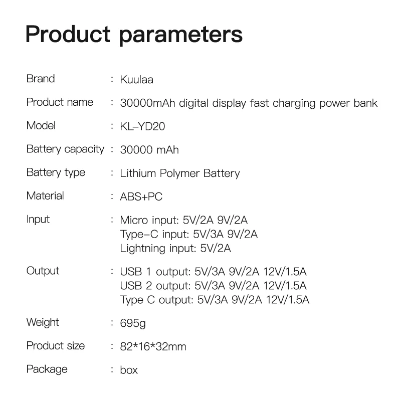 KUULAA Power Bank 30000mAh QC PD 3.0 PoverBank Fast Charging PowerBank 30000 mAh USB External Battery Charger For Xiaomi Mi 10 9