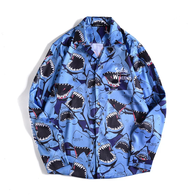 2019 New Shark Group Print Full Streetwear Mens Dress Shirts Men's Casual Shirt Autumn Long Sleeve Shirt Mens Shirts Men Dress