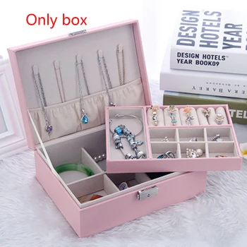 

Diamond PU Leather Large Capacity With Lock Double Layer Ring Necklace Holder Home Women Compartments Display Solid Jewelry Box