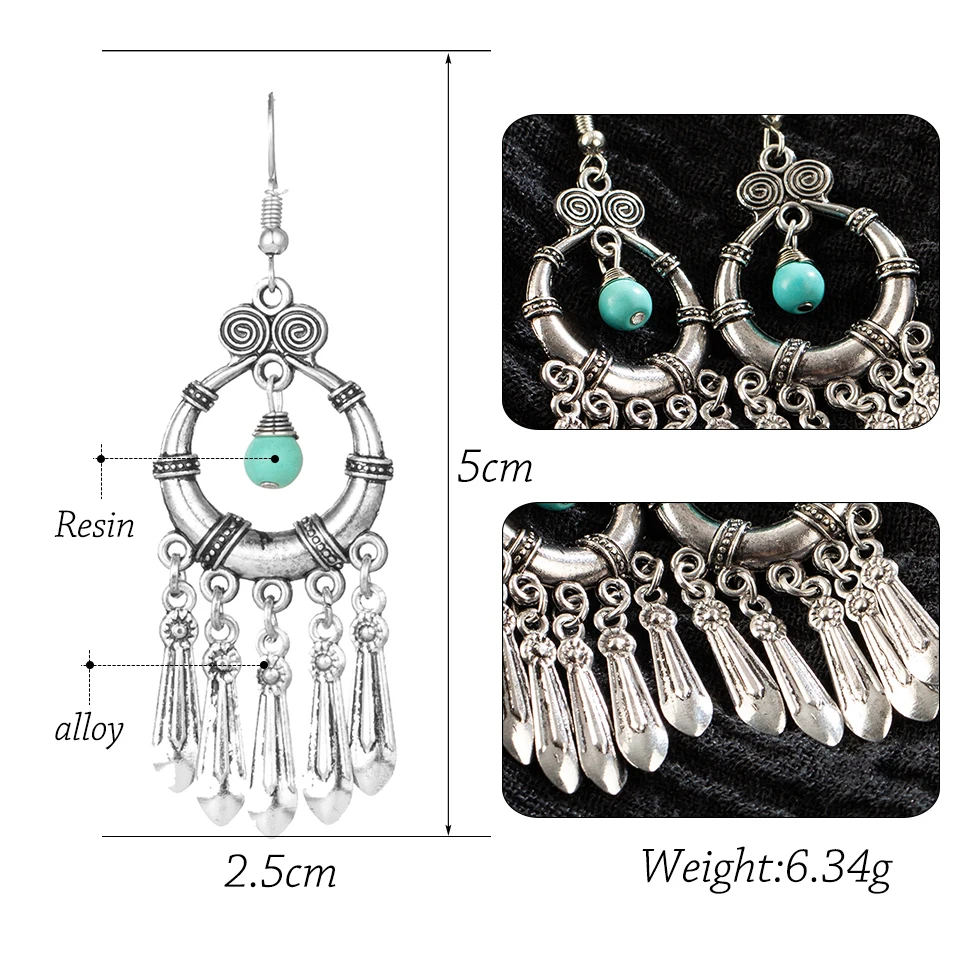 Boho винтажные антикварные зеленые длинные висячие Висячие серьги для женщин Подвески Ювелирные аксессуары серебряные серьги орнамент