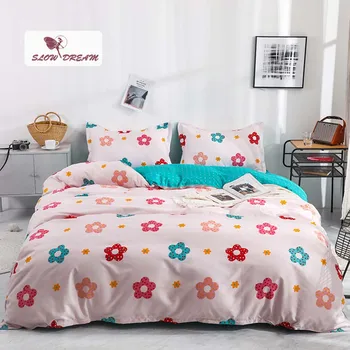 

SlowDream Bedding Set Flowers Duvet Cover Flat Sheet Girl Bed Linen Set Bedspread Bedclothes Home Textiles Double Queen Decor