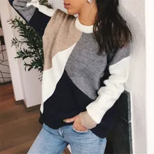 Sweater Women Autumn Winter Patchwork Sweater Long Sleeve O Neck Sweaters Loose Slim Female Sweater Ladies Tops Pullover