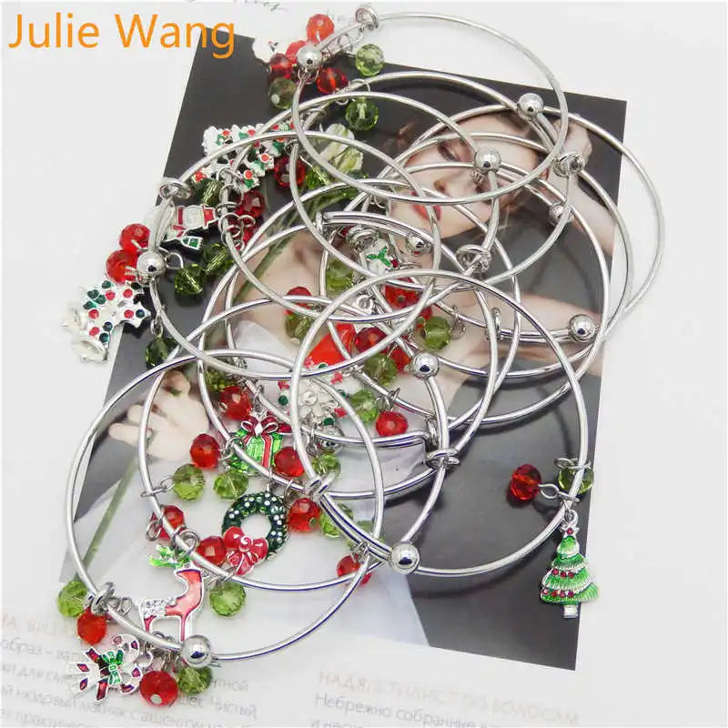 Julie Wang, 4-12 шт., эмалированный браслет с рождественской елкой, Санта Клаусом, женский браслет из нержавеющей стали, модные рождественские ювелирные изделия, Браслеты Mujer