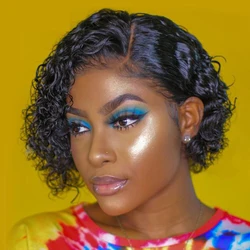 Short Bob Lace Part Wig Pixie Cut Curly Glueless Wigs Deep Wave Brazilian Remy Human Hair Wig Natural Black Color ForBlack Women