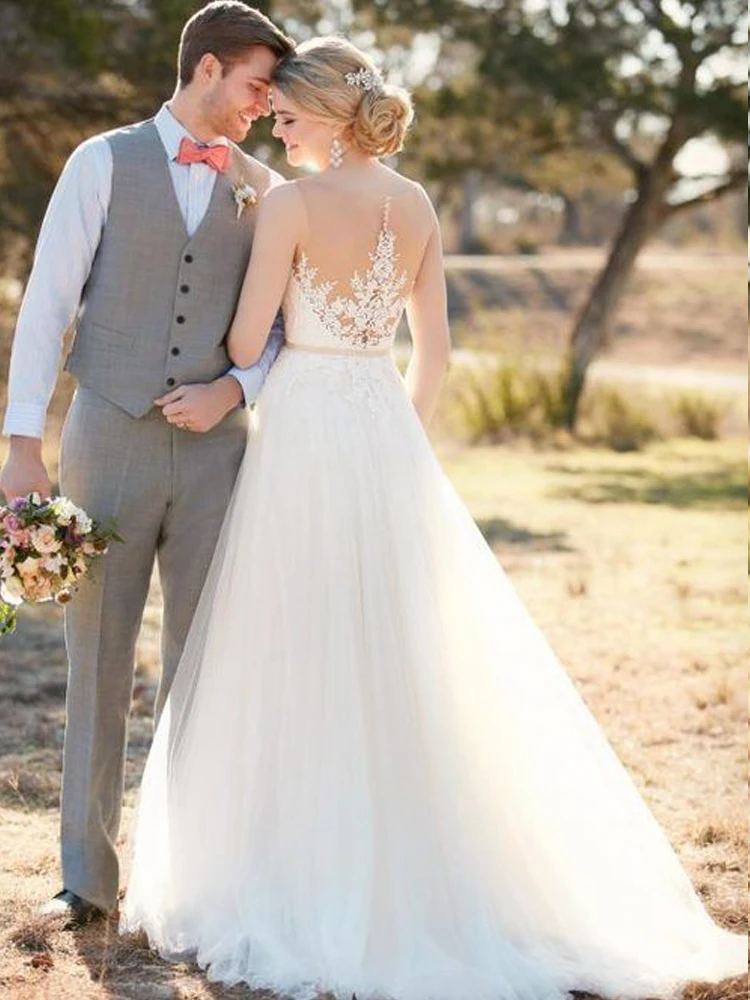 

Boho Wedding Dresses 2020 Long Bride Dresses Long A Line Bead Belt Lace Bohemian Lace Bridal Gown Wedding Party Bride Prom Dress
