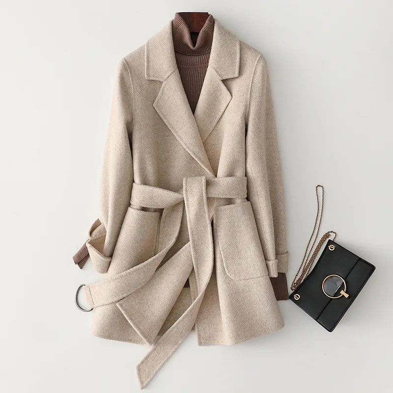 Beige Осенне-зимнее шерстяное пальто для женщин с длинным карманом и двойным воротником с отложным воротником в елочку Manteau Femme, однотонное офисное Женское пальто - Цвет: Beige