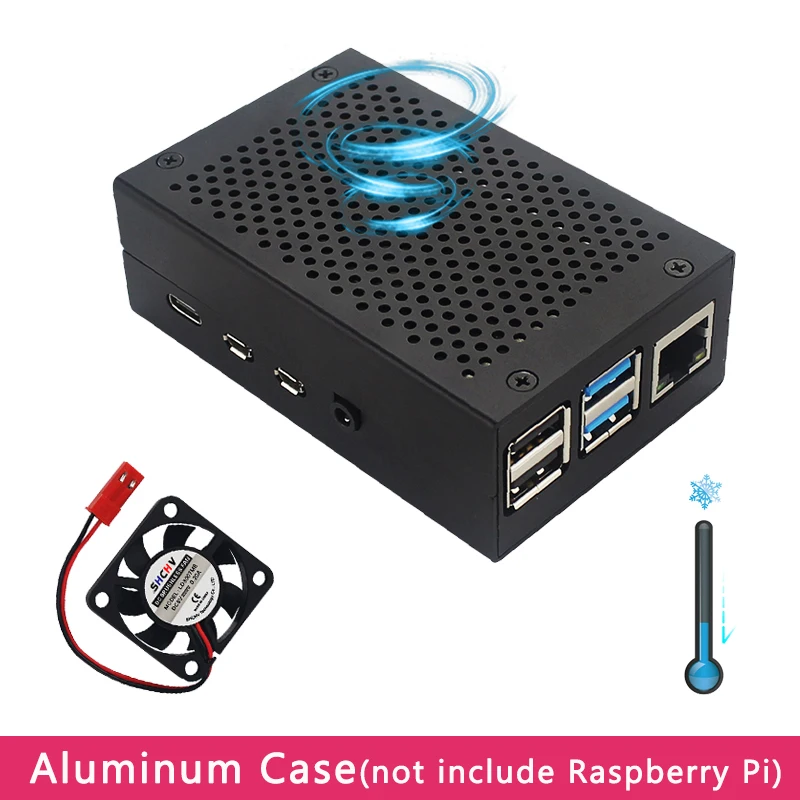 Алюминиевый Чехол Raspberry Pi 4 корпус из серебристого и черного металла | Вентилятор