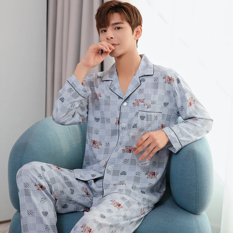 best silk pajamas Long Sleeve Pajamas Set For Men Cartoon Male Sleepwear Spring Autumn Casual Home Clothes Lattice Pants Summer Pyjamas Plus Size white pajama pants Men's Sleep & Lounge