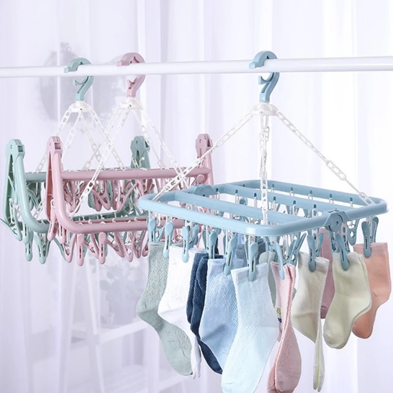 Purple Ponacat Underwear Drying Rack 32 Clips Folding Clothes Hanger Dryer Windproof Socks Underwear Drying Rack Children