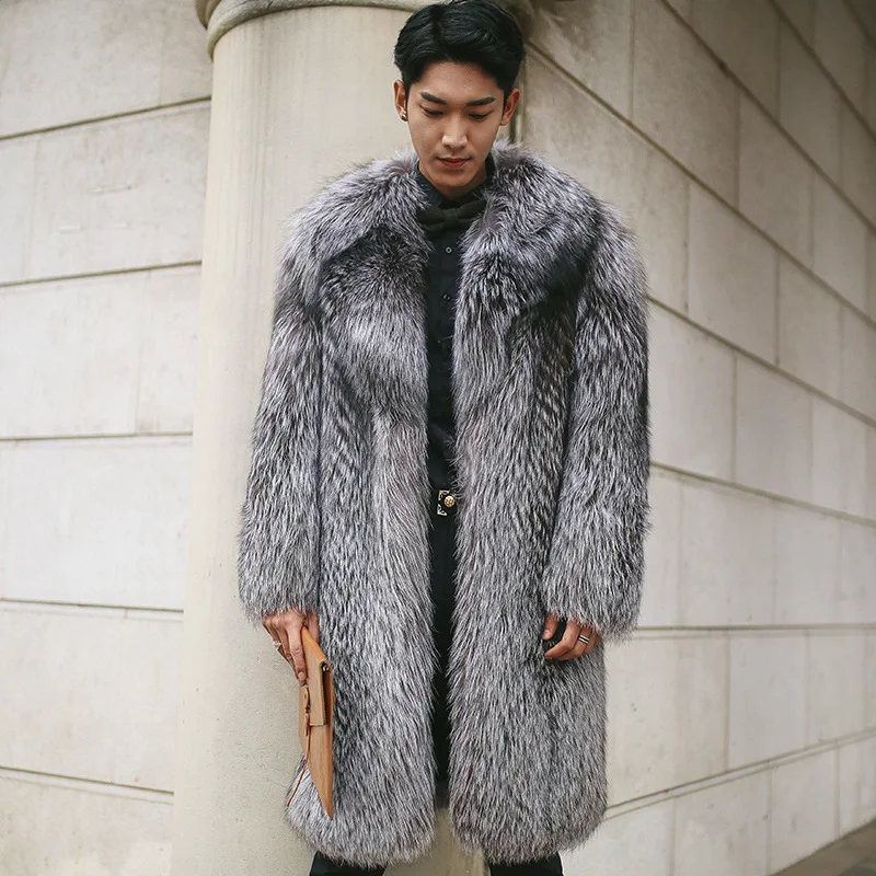 Куртка из искусственного меха, Длинные свободные куртки больших размеров с отворотом из искусственного лисьего меха, пальто серебряного цвета, зимнее модное толстое теплое пальто для мужчин