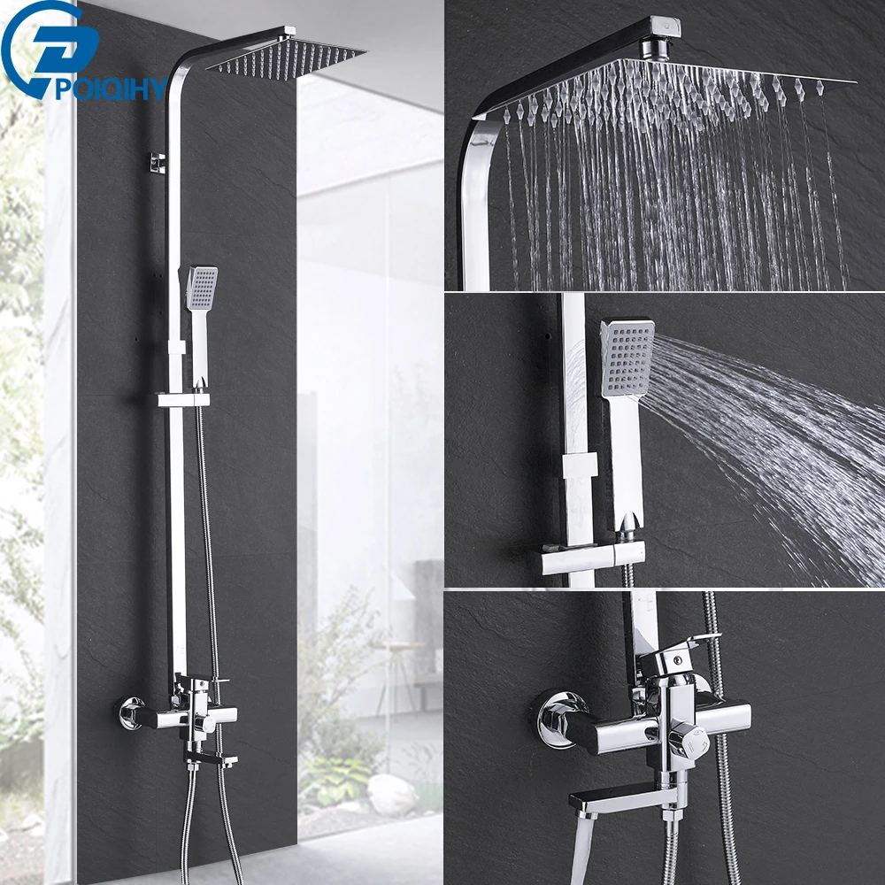 Poiqihy Chrome Bathroom Faucet Wall Mounted Rainfall Shower Set Showers For Bathroom Furniture Sets Bathroom Faucet Wall Bathtub Shower Faucets Aliexpress