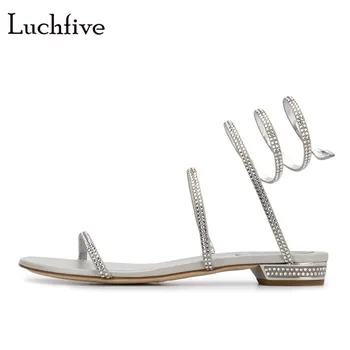 

Flat Heel Bohemian Beach Shoes Silver Bling Bling Crystal Sandals Snake Coiled Ankle Strap Gladiator Sandals Summer Shoes Woman