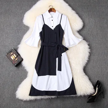 

Women patchwork shirt dress new 2020 spring summer flare sleeve sashes turn down collar color block striped dresses