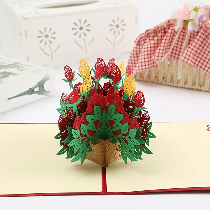  1pcs 3D Stereoscopic Rose Flower Greeting Card Valentine's Day Wedding Invitation Cards Romantic Gi - 4.00053E+12