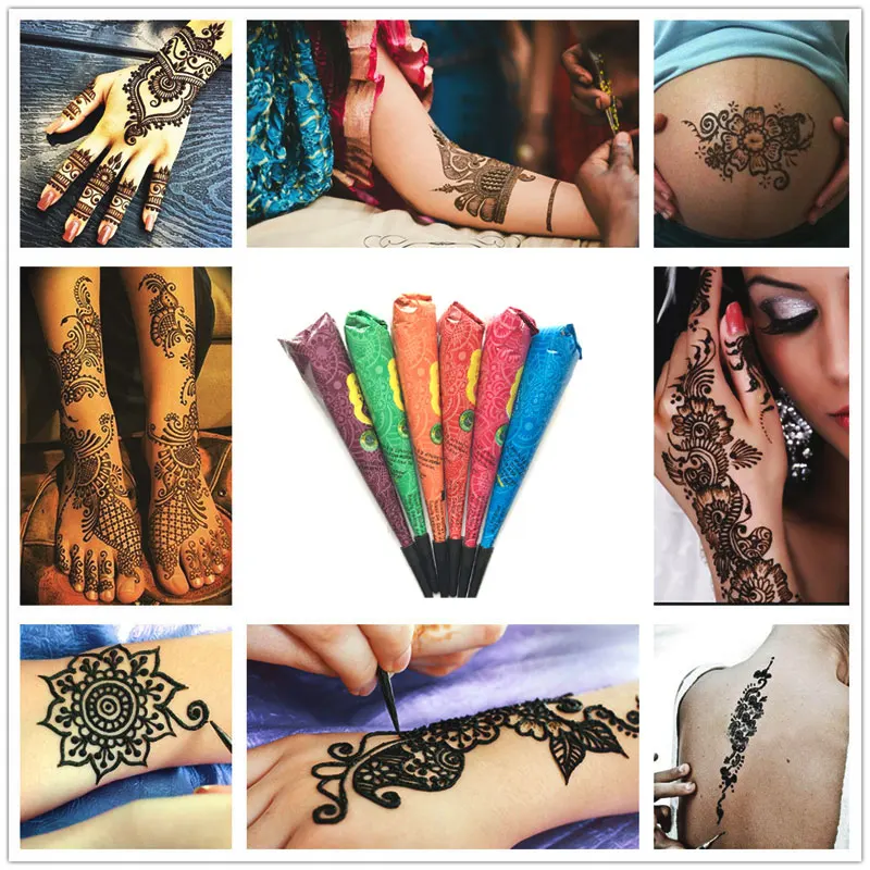 

For Temporary Tattoo Henna Cones Indian Henna Tattoo Paste Black Brown Red White Henna Cones Body Art Sticker Mehndi Body Paint