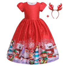 Рождественское платье с принтом для девочек цветное платье принцессы с большим бантом для девочек возрастом от 3 до 14 лет, праздничное платье на день рождения для девочек головной убор