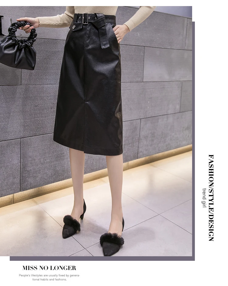 REALEFT New Midi PU Leather Skirts Fashionable Midi Skirt With Pocket Slash Bottom Split Women Casual Skirts Female