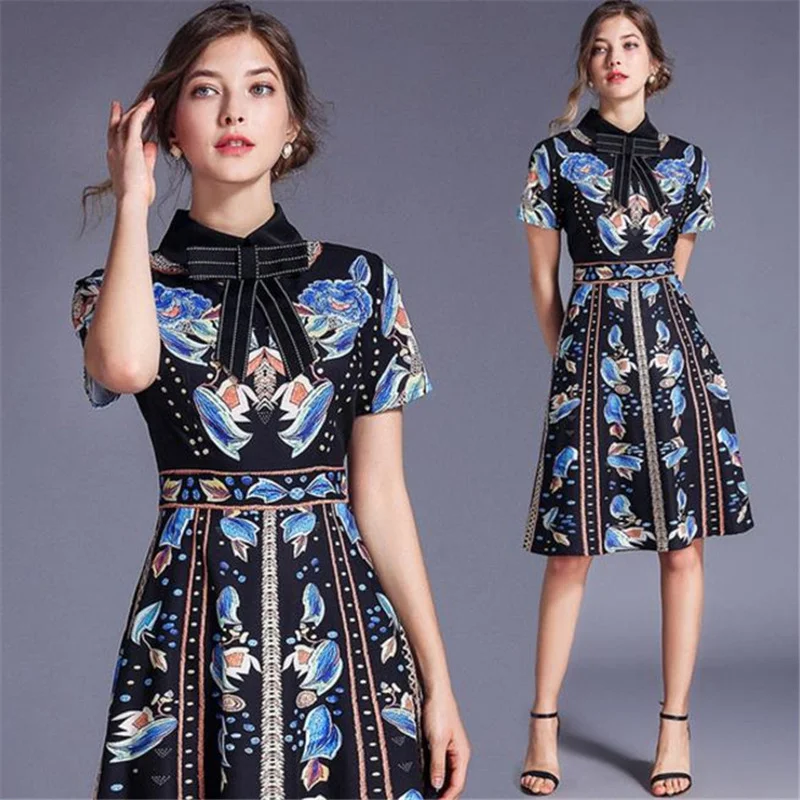 

HIGH QUALITY 2019 Summer Newest Runway Designer Dress Women's Short Sleeve Shirt Collar Floral Printed Bow Midi Dress black