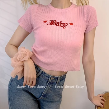 

5 Color New Summer Sexy Womens T Shirt Harajuku Kawaii Baby Heart Embroidery Short Tee Shirt Cute Crop Top Female T-shirt