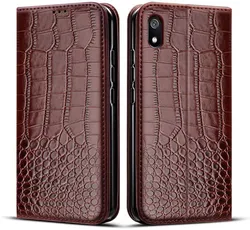 Leather Flip Wallet Case - Soft TPU Back Cover for Redmi 7A (Style 1 Brown)