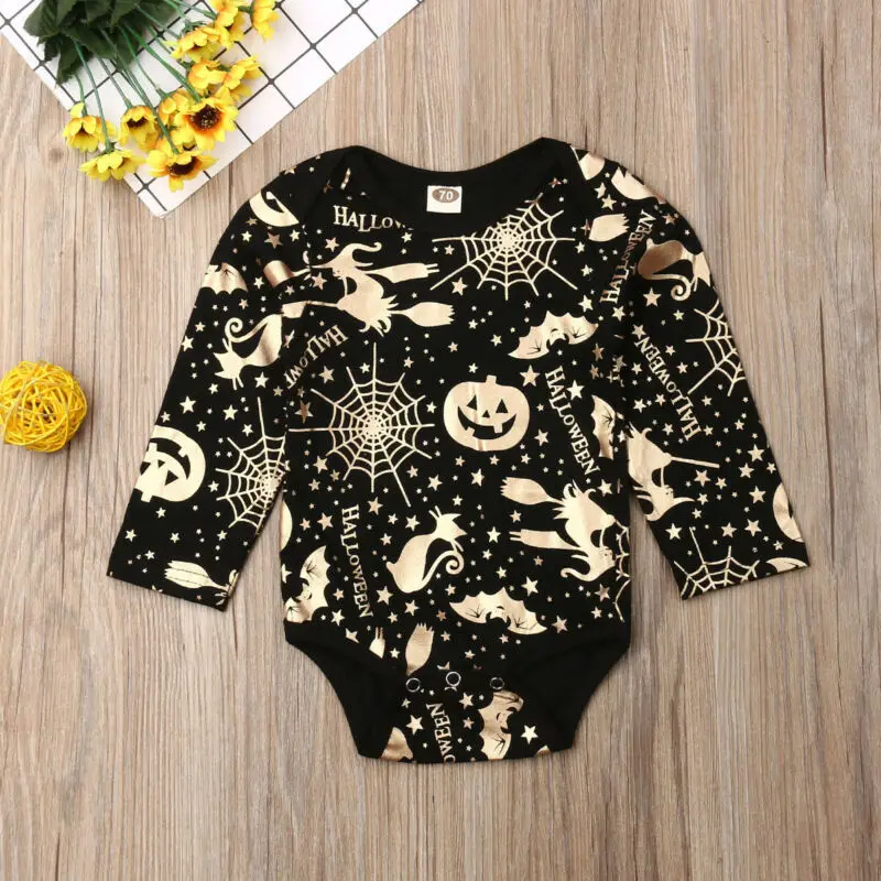 Lovely Halloween Party Newborn Baby Rompers Clothes Toddler Boys Girls Long Sleeve Gold Pumpkin Printed Outfit Costumes