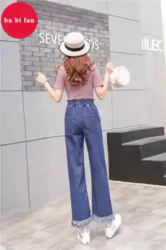 

2020 Ruffles Jeans Woman Spring and Summer High Elastic Waist Jeans Trousers Tassel Vintage Jeans Denim Wide Leg