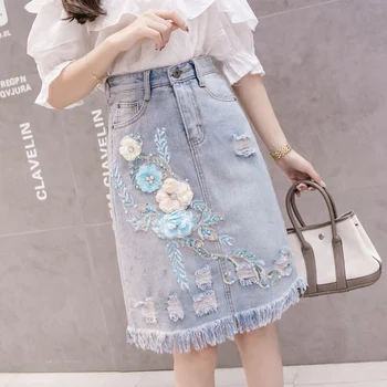

Summer Korea Loose Skirt Ladies Was Thin Pockets Women Package Hip Jeans Skirts Chic Embroidery A-Line Denim Skirt