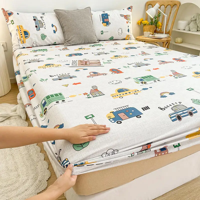Bonenjoy 1pc Pure Cotton Fitted Bed Sheet With Elastic Cartoon Car Print Bed Cover Single Queen Size Bottom Sheet(No Pillowcase) 2
