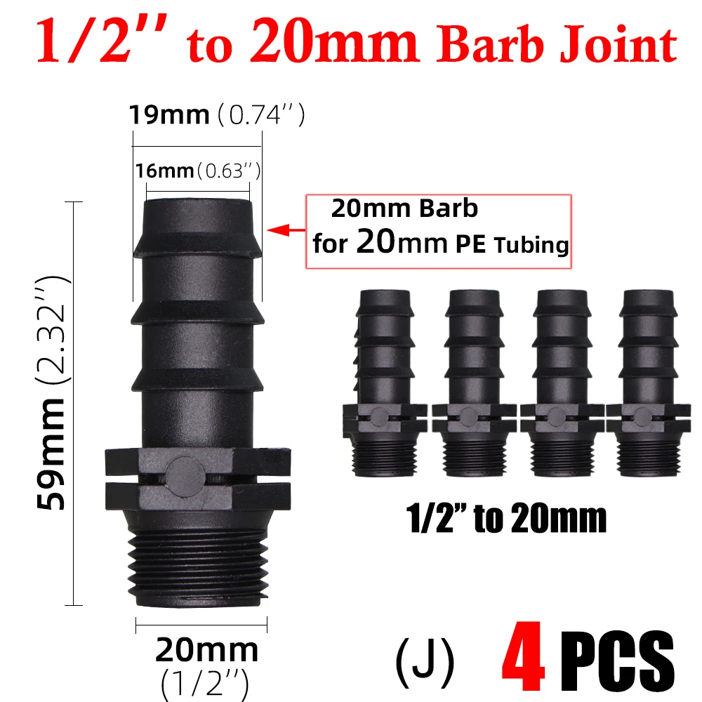 16 20 25MM 1/2" 3/4" Thread Connector to Barb 16mm 20mm PE Tubing Adapter Hose Joints Garden Drip Irrigation Coupling Fittings