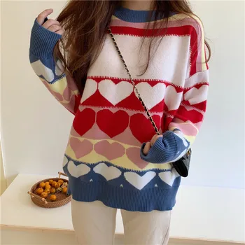 

Women Oversized Sweater and Pullovers O-neck Sweet Heart Printed Pull Jumpers Long SLeeve Blue Green Streetwear Knit Tops