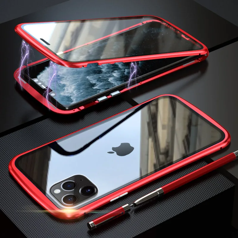 Red Роскошный двухсторонний Передний+ задний стеклянный Магнитный чехол для Apple iPhone 11 Pro Max Магнитный чехол Алюминиевый металлический бампер 360 чехол Coque - Цвет: Red