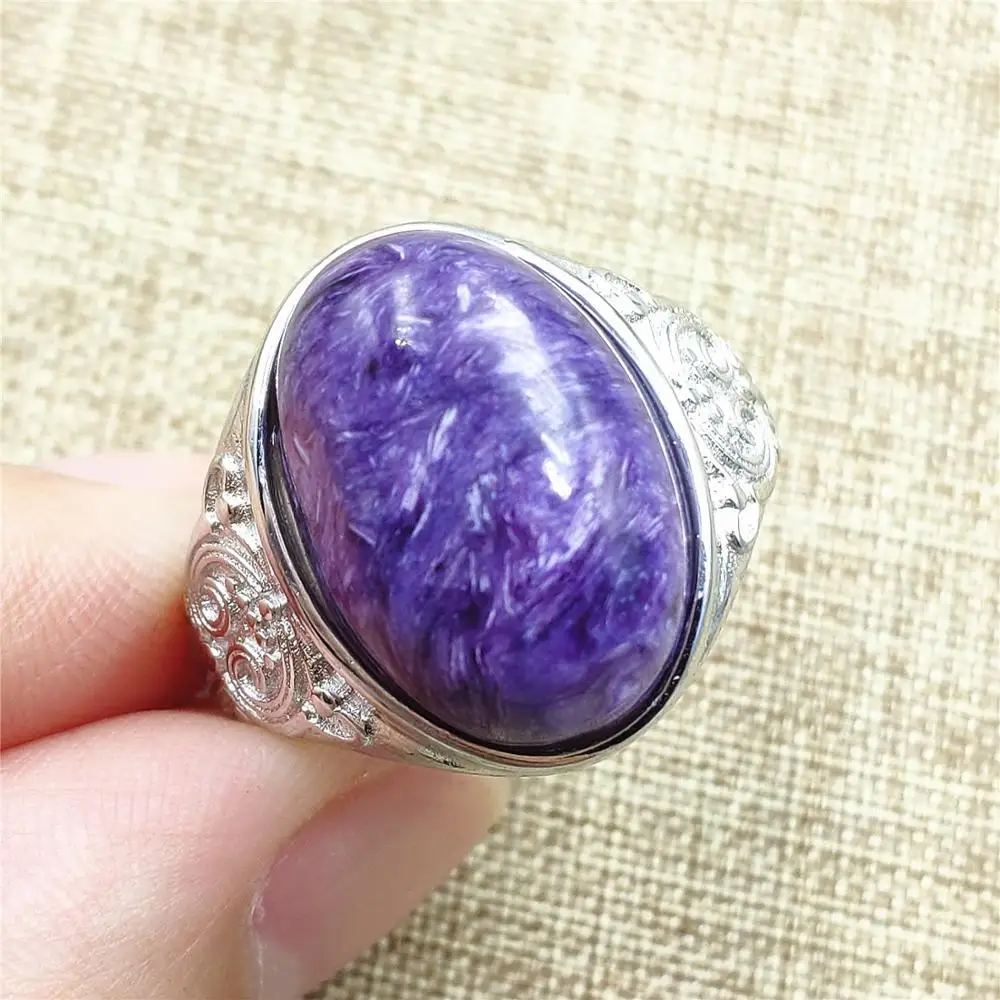 Genuine Natural Purple Charoite Crystal Women Men Adjustable Ring Silver 17x12mm Beads Lucky Love Gift Fashion Jewelry AAAAA