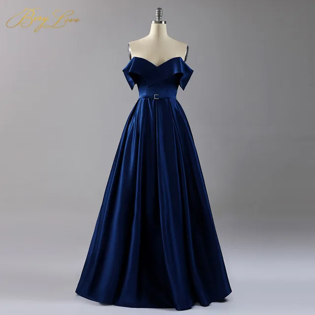 Off Shoulder Satin Evening Dresses Long Sexy High Slit Evening Gown Elegant High Waist Prom Dress Robe De Soiree Navy Blue