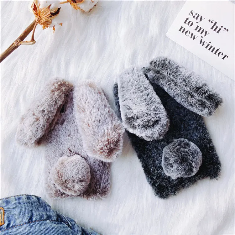 Bling Fluffy Rabbit Fur Cute Silicone Bunny Plush Phone Case for Huawei Mate 20 P20 P30 Lite Pro Furry Cover Coque On Huawei dustproof case