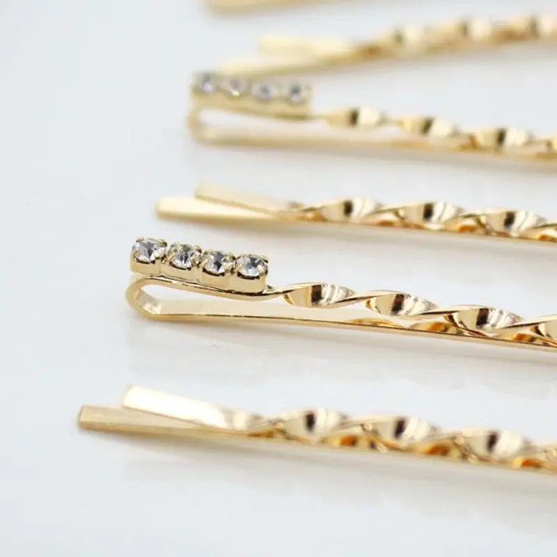 6Pcs Set Minimalist Polished Metal Alloy Bobby Pins Women Jewelry Glitter Rhinestone Hairpin Spiral Clip Barrette 2