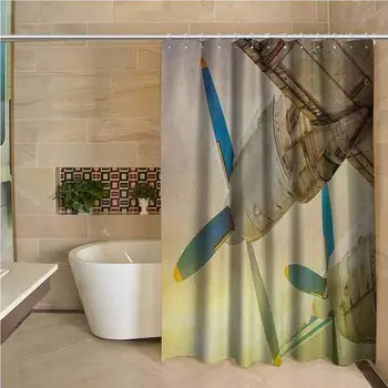 

Vintage Airplane Precision Custom Shower Curtain Old Wing Aircraft with Propellers at Sunset Snowy Winter Sky Image Modern