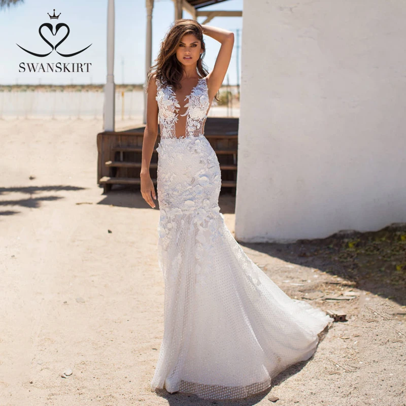 

Appliques Mermaid Wedding Dress Swanskirt I217 V-neck Illusion Lace Bridal Gown 3D Flowers Backless Customized Vestido de Noiva