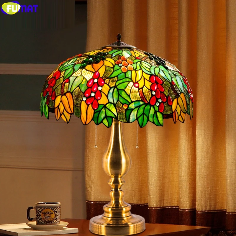 

FUMAT Grape Vineyard Tiffany Style Table Lamp Stained Glass Desk Light Dia 12 16 20 Inch Lampshade Decorative Alloy Art Lighting